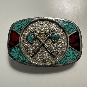 Vintage Southwestern Silver Tone Tomahawk Inlay Blue and Red Stone 3 x 2” buckle